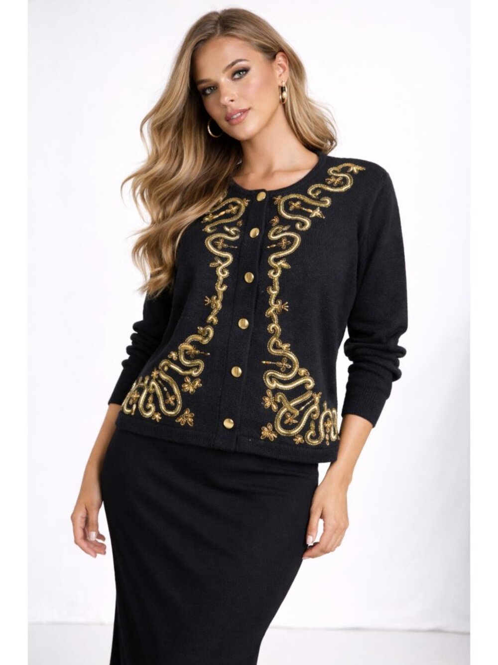 Joan Leslie Petite L Black Gold Beaded Knit Cardigan Vintage